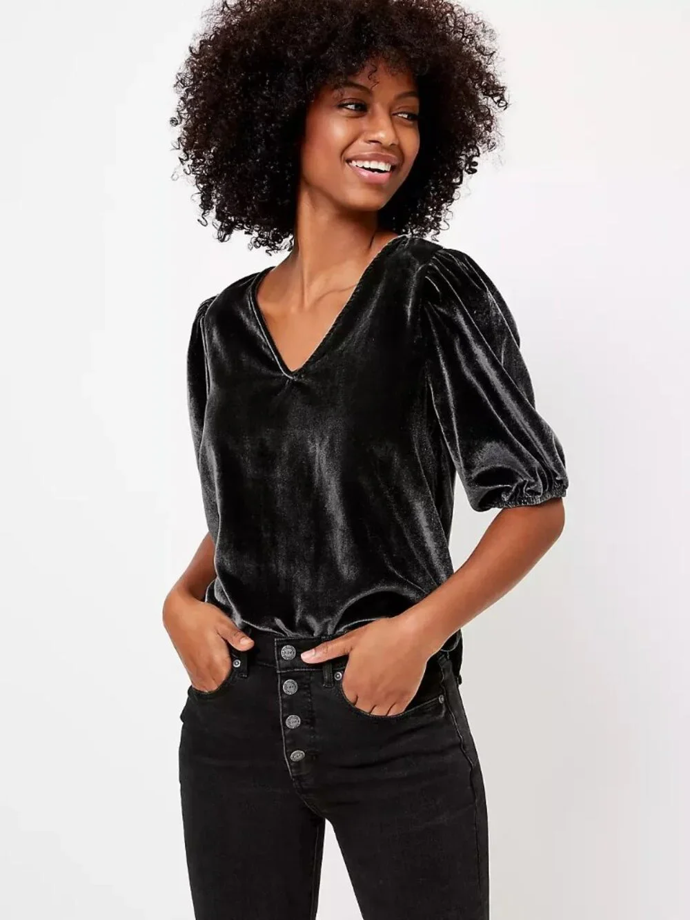 NWT Ann Taylor LOFT Size Medium Dark Gray V-Neck Puff Sleeve Velvet Top NEW